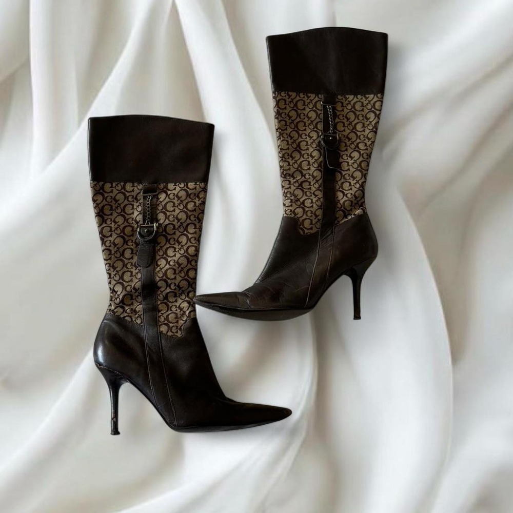 Y2K vintage Guess buckle leather monogram stiletto heeled boots‎